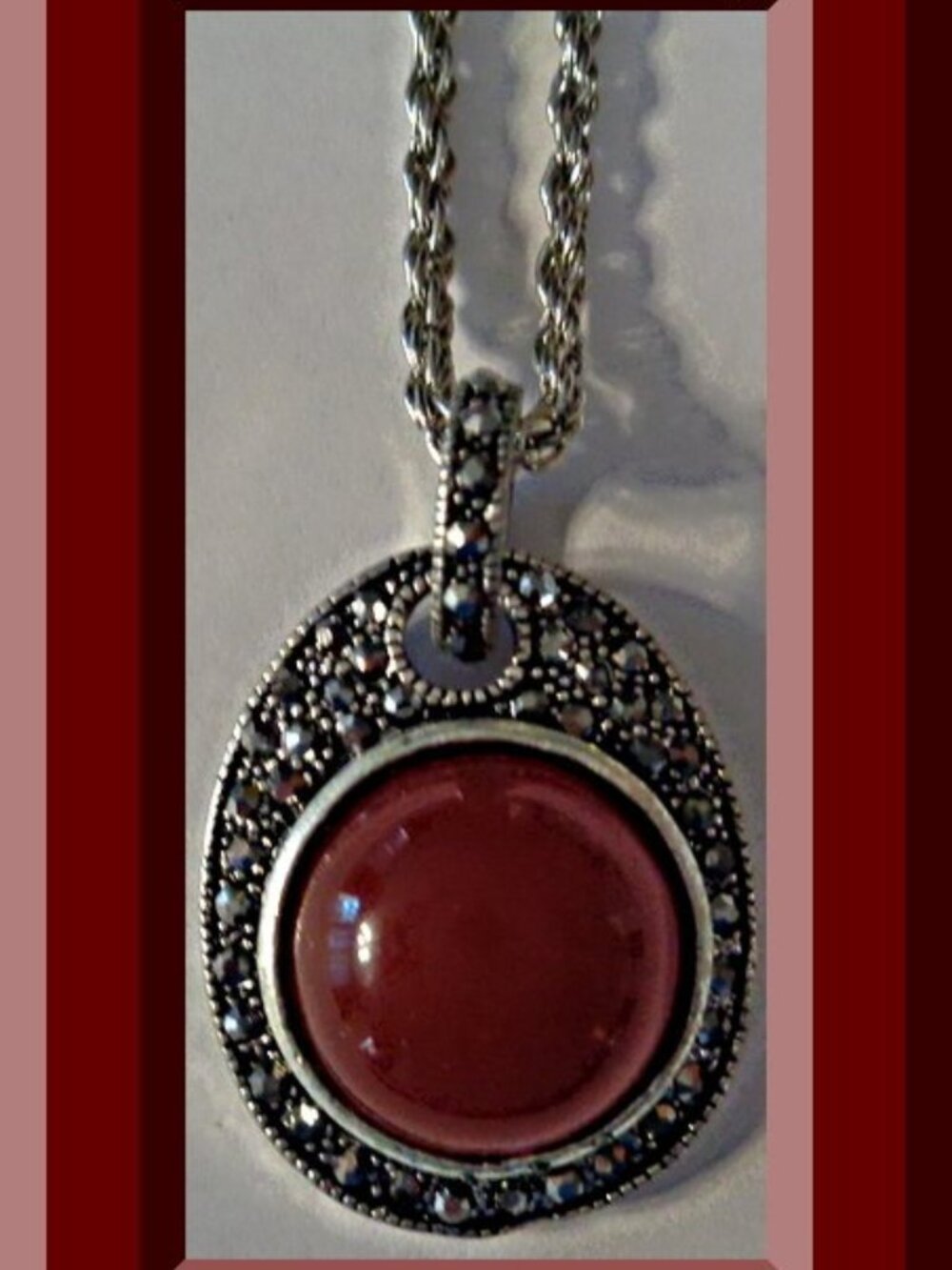Vintage Theme Tibetan Silver Necklace With Red Bead & Black Rhinestones
